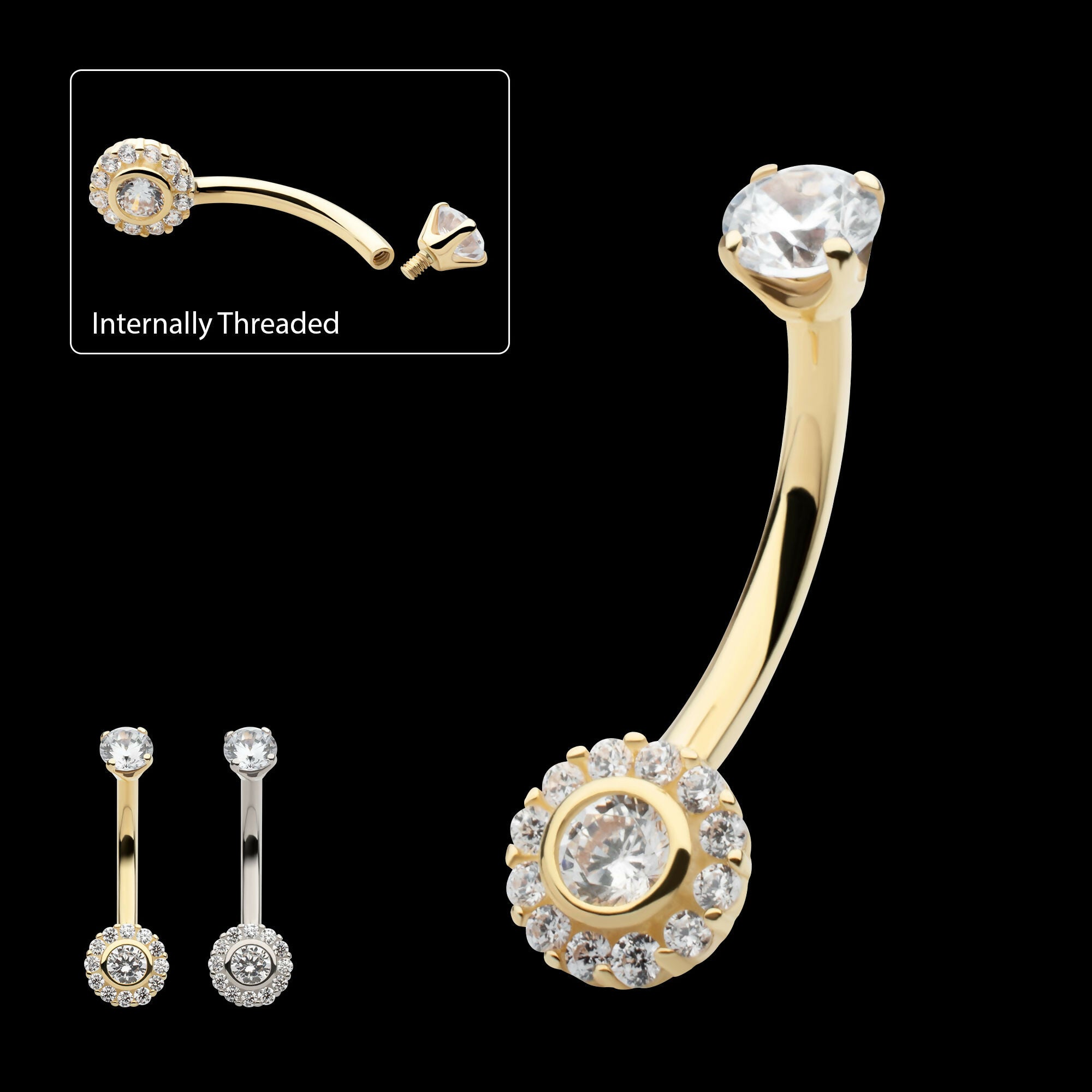 Internally Threaded Multi Clear CZ Flower Shape Fixed Bottom Navel Earring / Nosering – 14Kt Gold