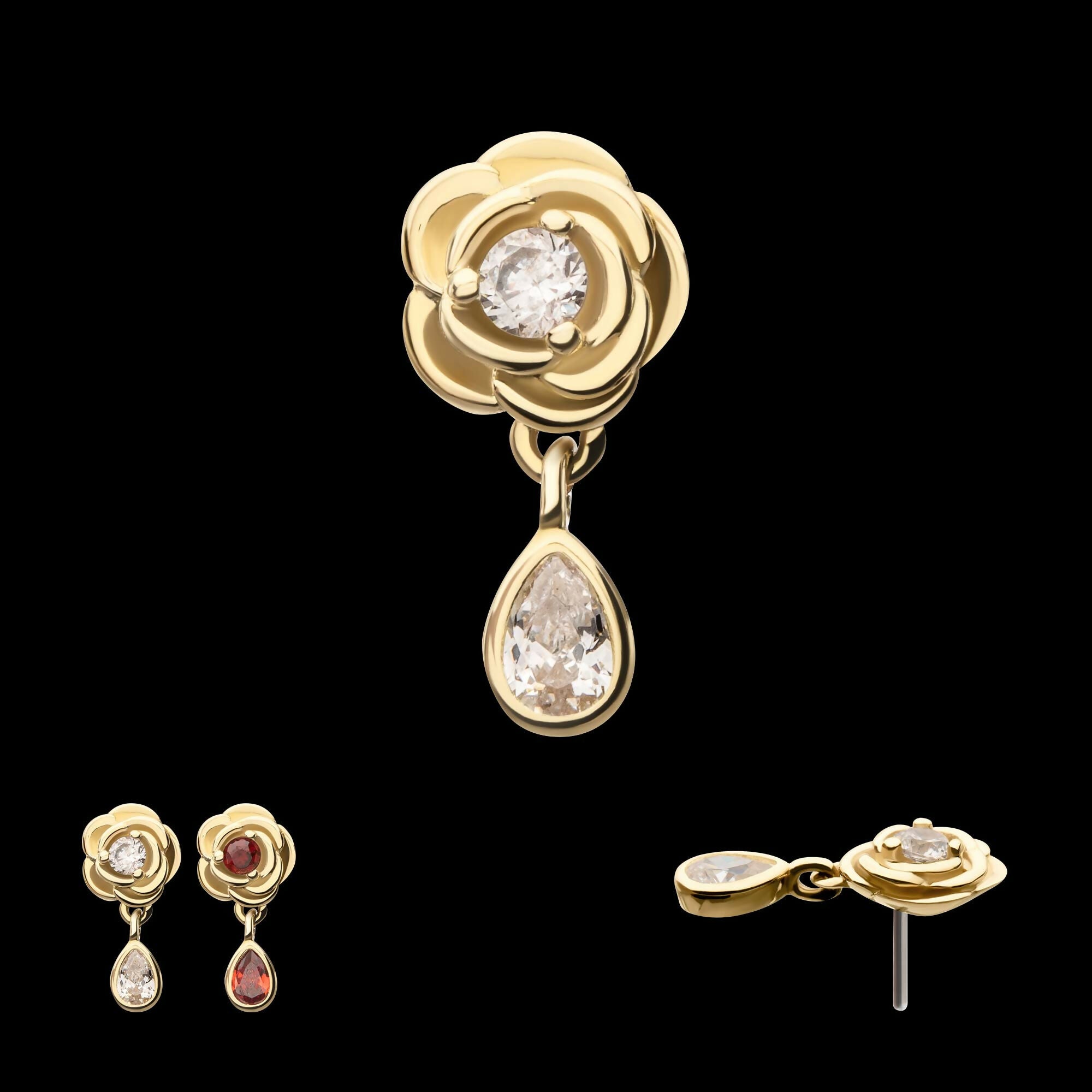 Prong Set Round Gem Rose Flower with Teardrop Dangle Flatback Stud Earring / Nosering - Gem in 14Kt Yellow Gold