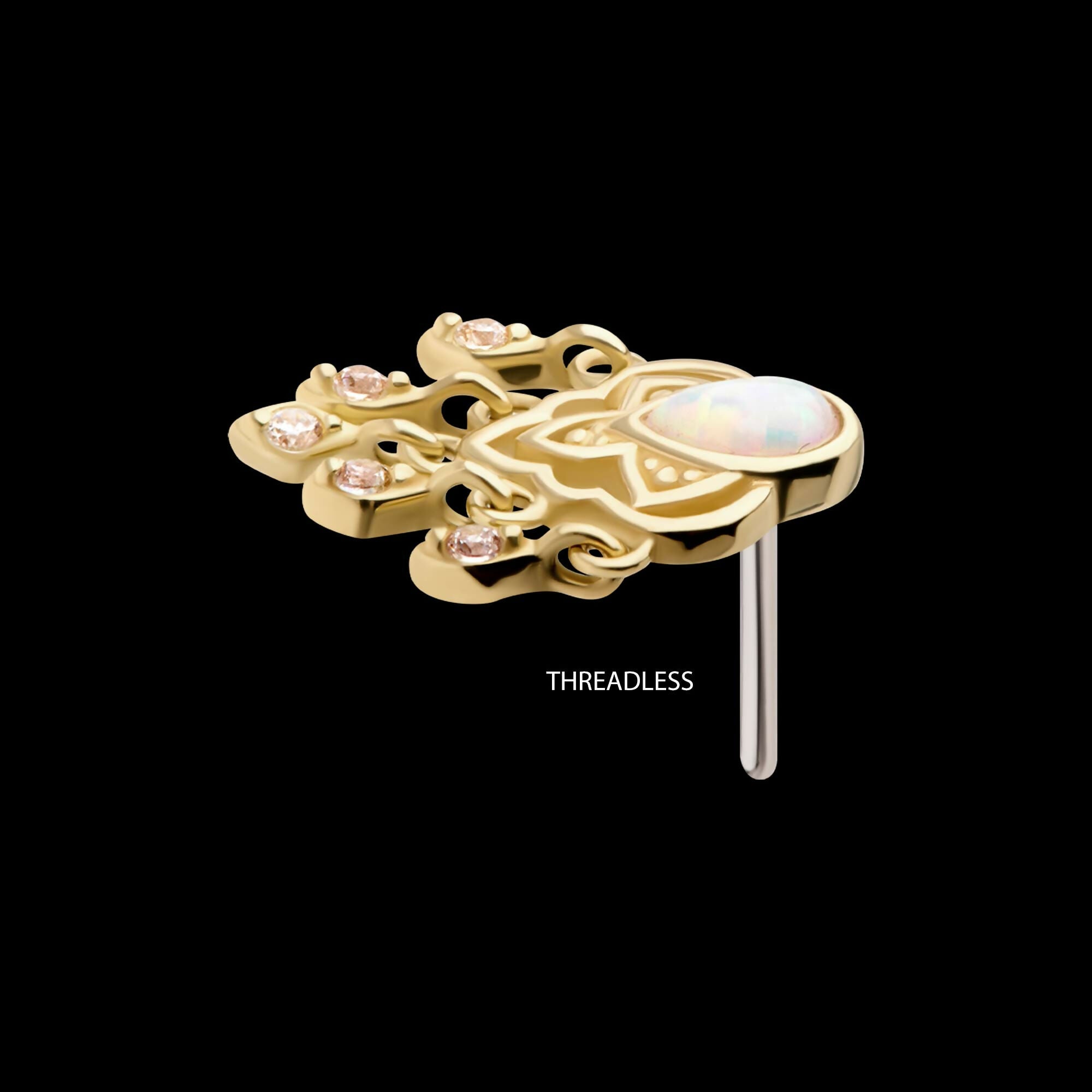 14Kt Yellow Gold Threadless Bezel Set Teardrop & Round Gem/Opal Mandala Dangle Top