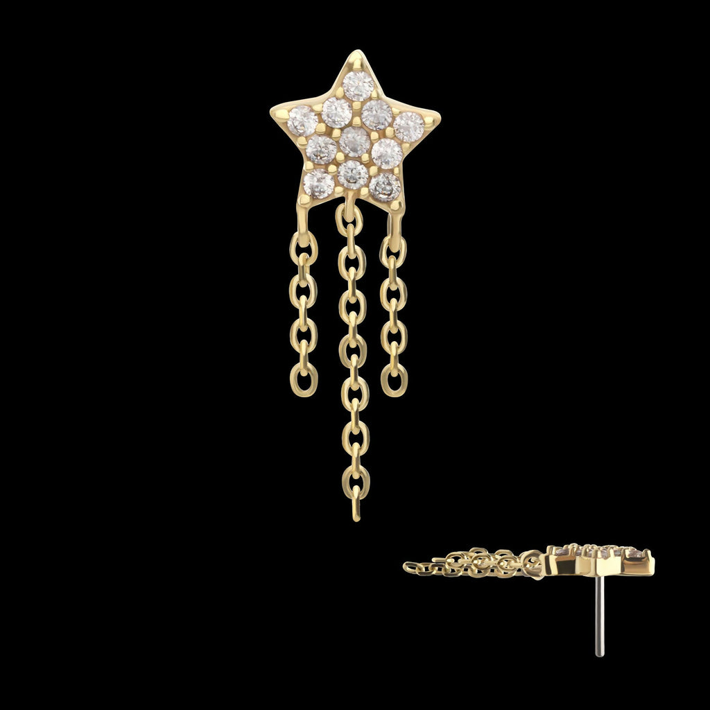 14Kt Yellow Gold Threadless Pave Gem Star Top with Triple Chain Dangle
