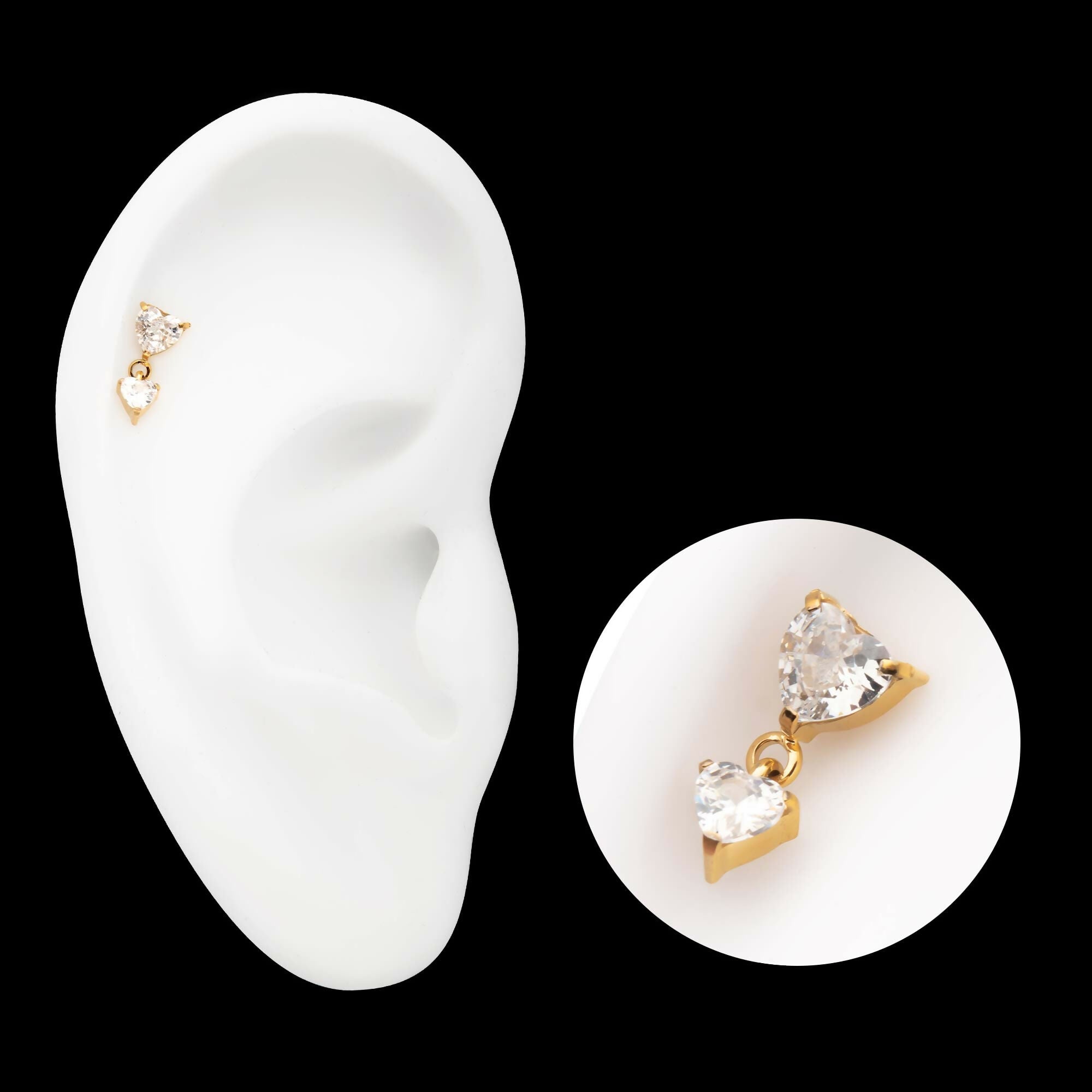 24KT Gold PVD Titanium Threadless Prong Set Double Heart Gem Dangle Top