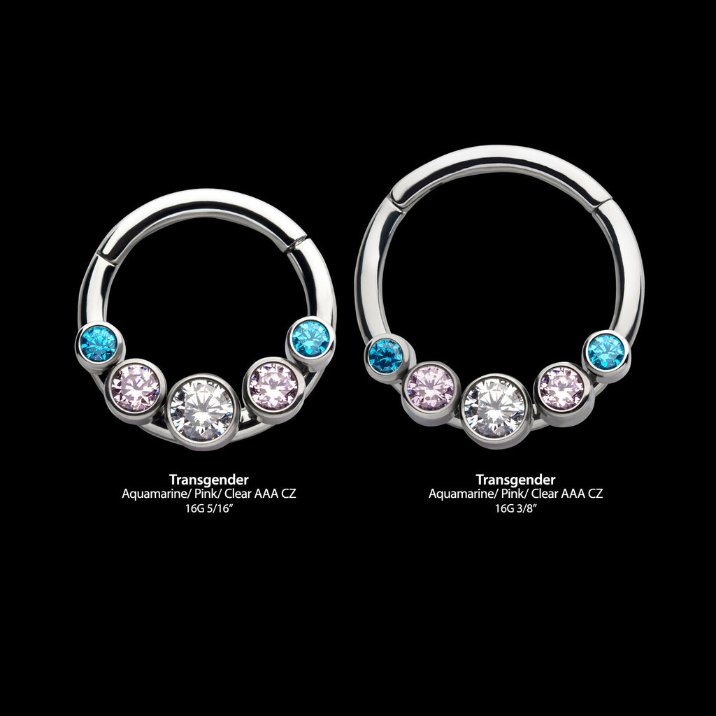 Transgender Bezel Set CZ 5-Cluster Front Facing Hinged Segment Clicker Hoop Earring / Nosering – Titanium