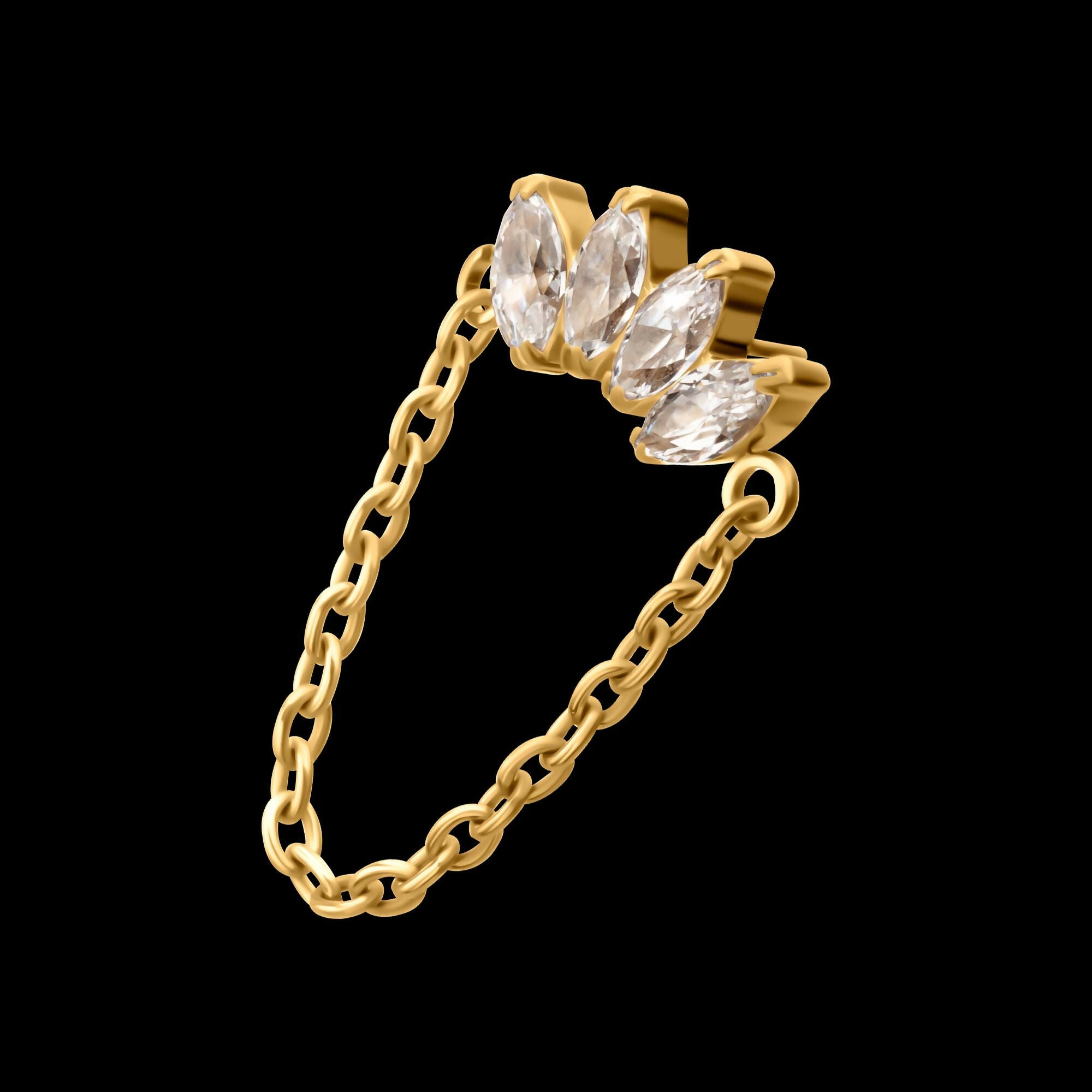 24Kt Gold PVD Titanium Threadless 4 Marquise Prong Gem Cluster Top with Chain Dangle