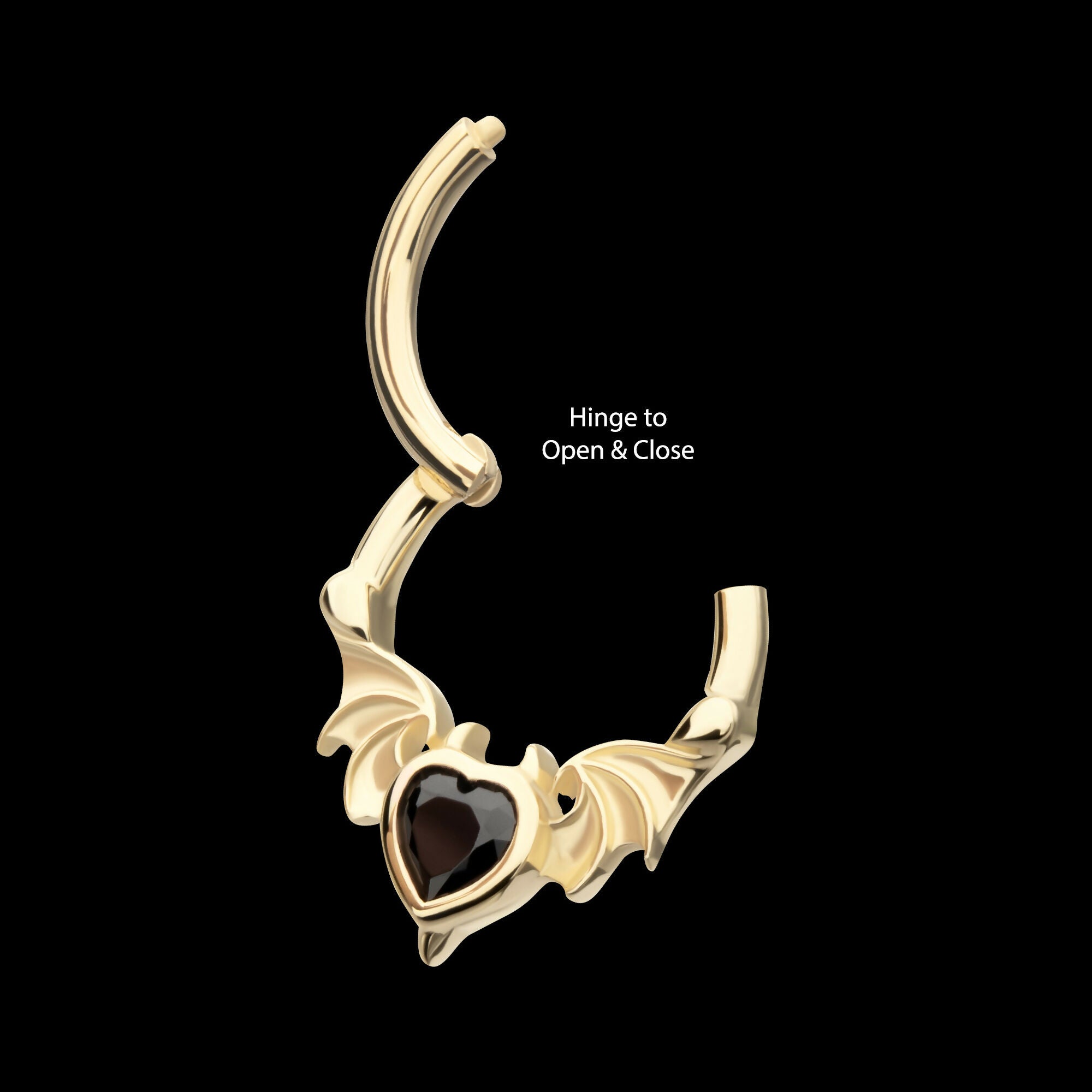 Carved Bat Wings with Devil Heart Bezel Gem Front Facing Hinged Segment Clicker Hoop Earring / Nosering – 14Kt Yellow Gold
