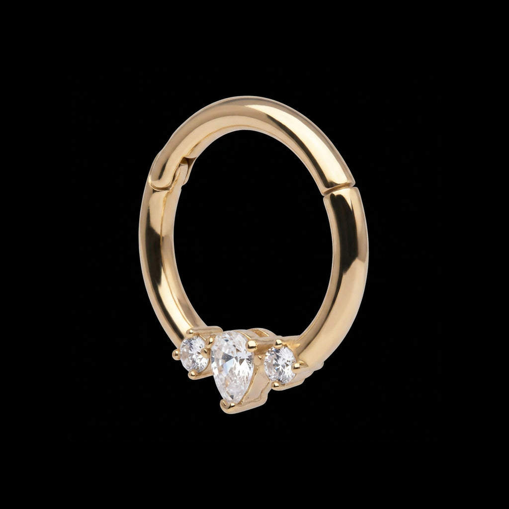 3-Cluster Prong Set Marquise & Round Clear CZ Front Facing Hinged Segment Clicker Hoop Earring / Nosering – 14Kt Yellow Gold