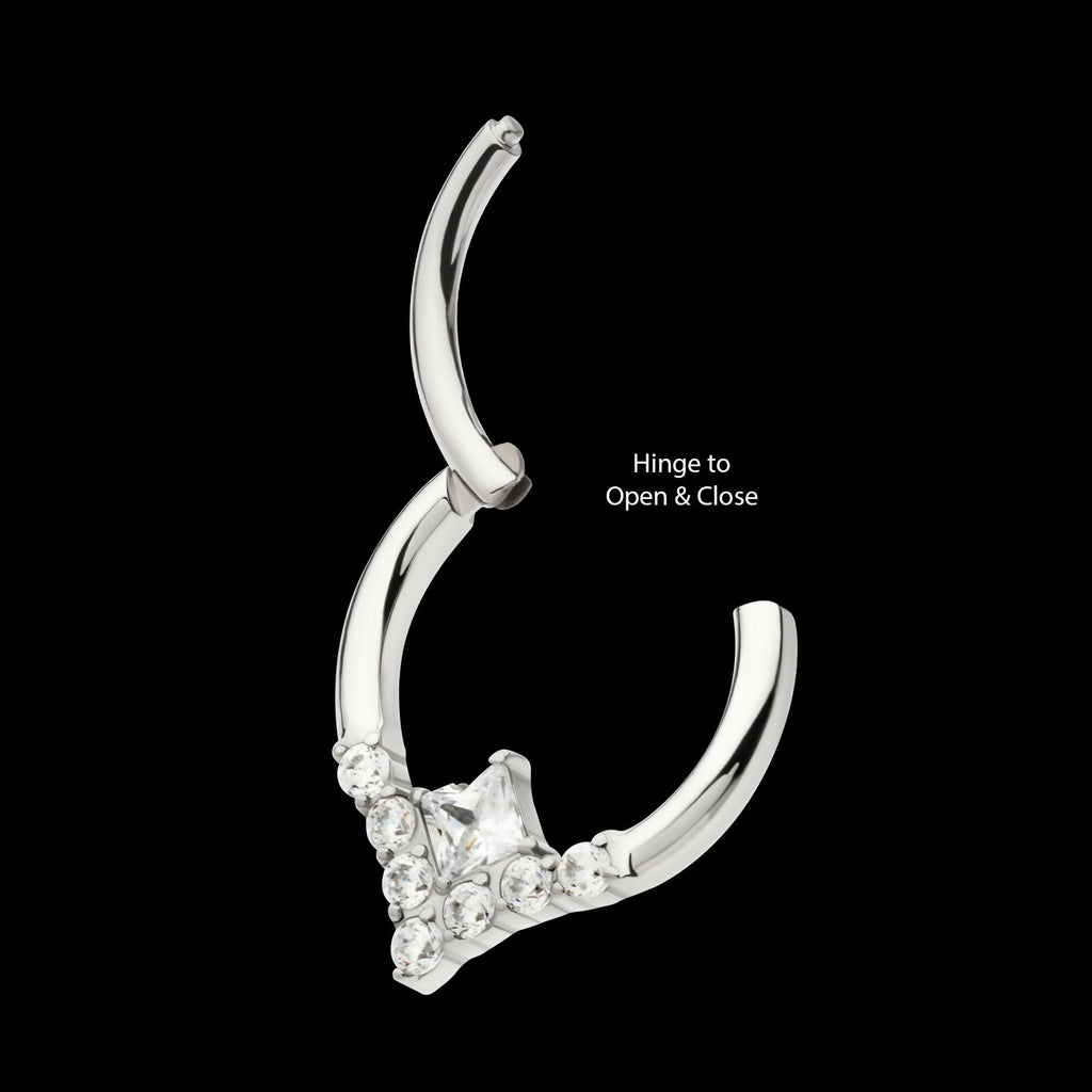 Clustered Prong Set Round CZ with Center Princess Gem Front Facing Hinged Segment Clicker Hoop Earring / Nosering – Titanium