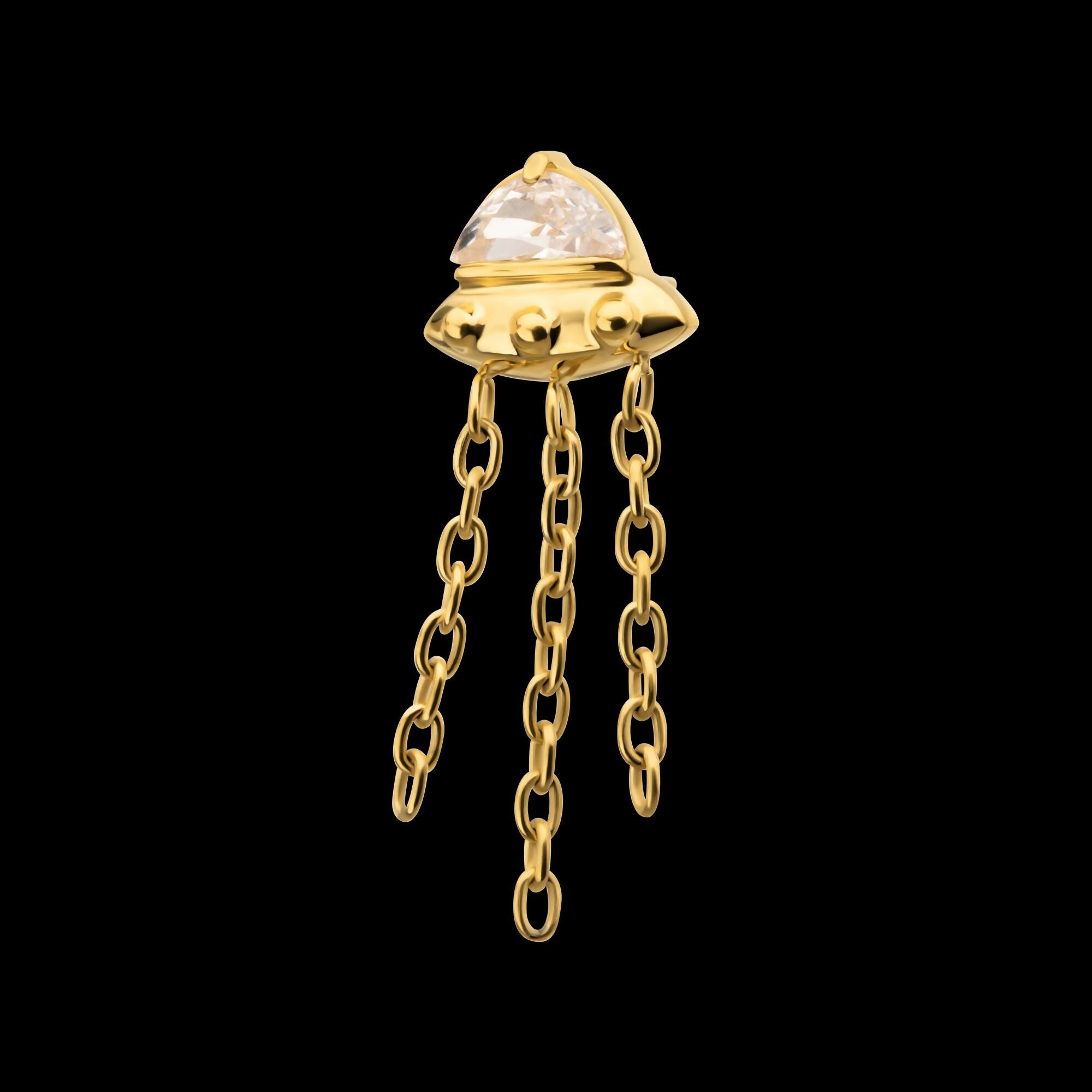 24KT Gold PVD Titanium Threadless 3D UFO Gem Top with Small Triple Chain Dangle