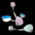 Internally Threaded Double Opal 3-Prong Teardrop Navel Curves Earring / Nosering – Titanium