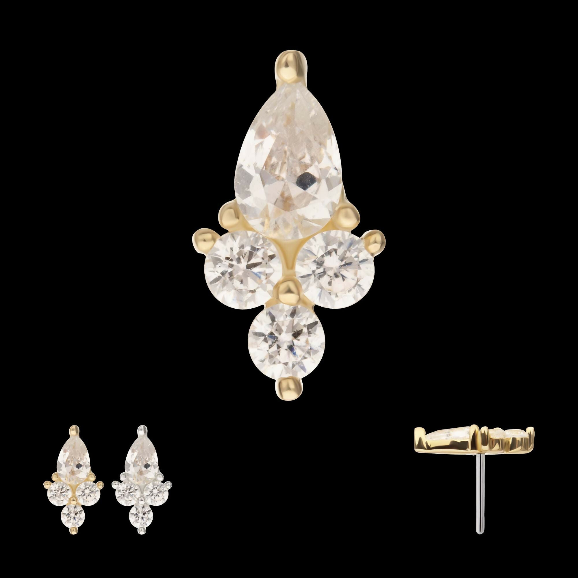 14Kt Gold Threadless Prong Set Teardrop & Triple Round Gem Top