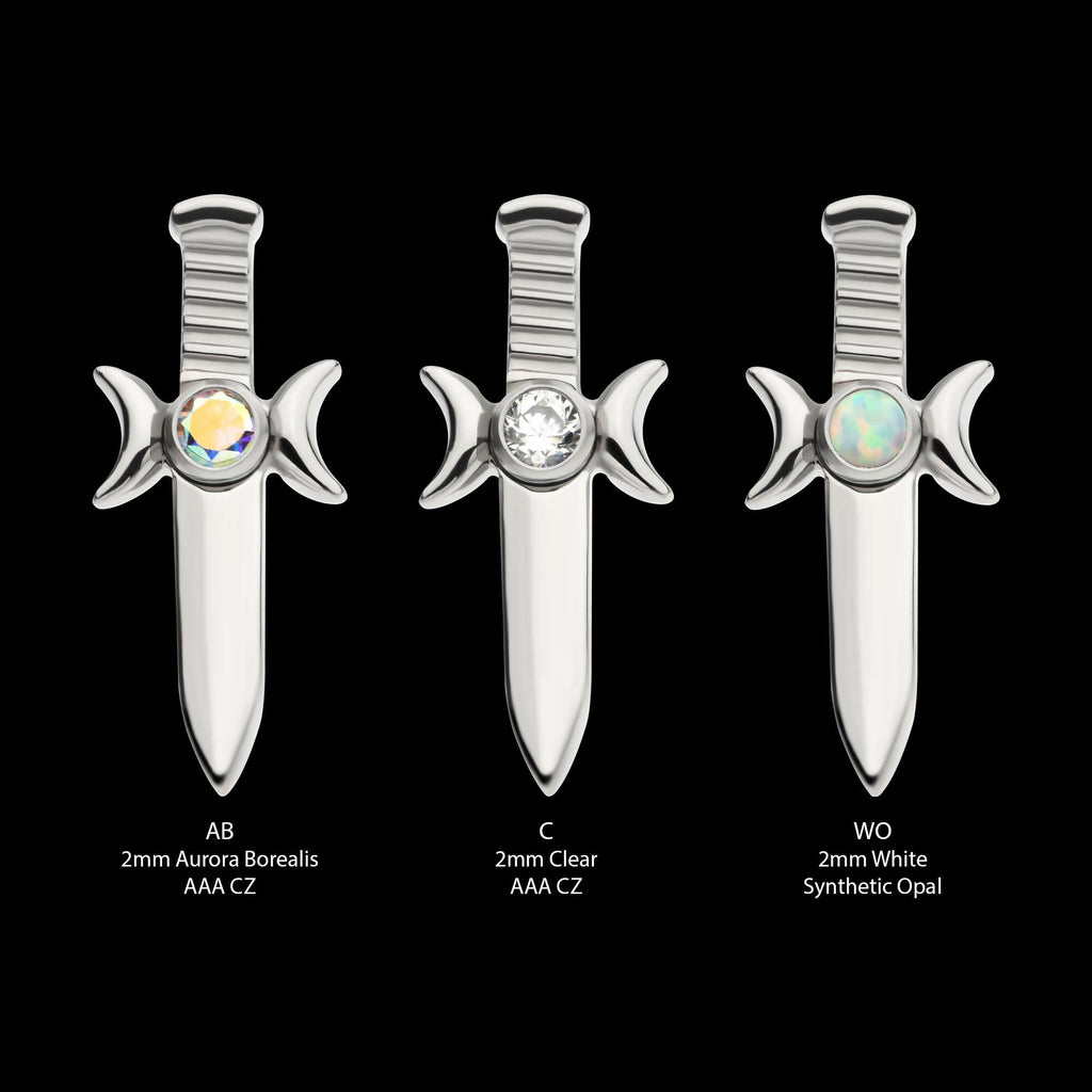 Titanium Threadless with Bezel Set 2mm CZ/Opal Triple Moon Phase Dagger Top