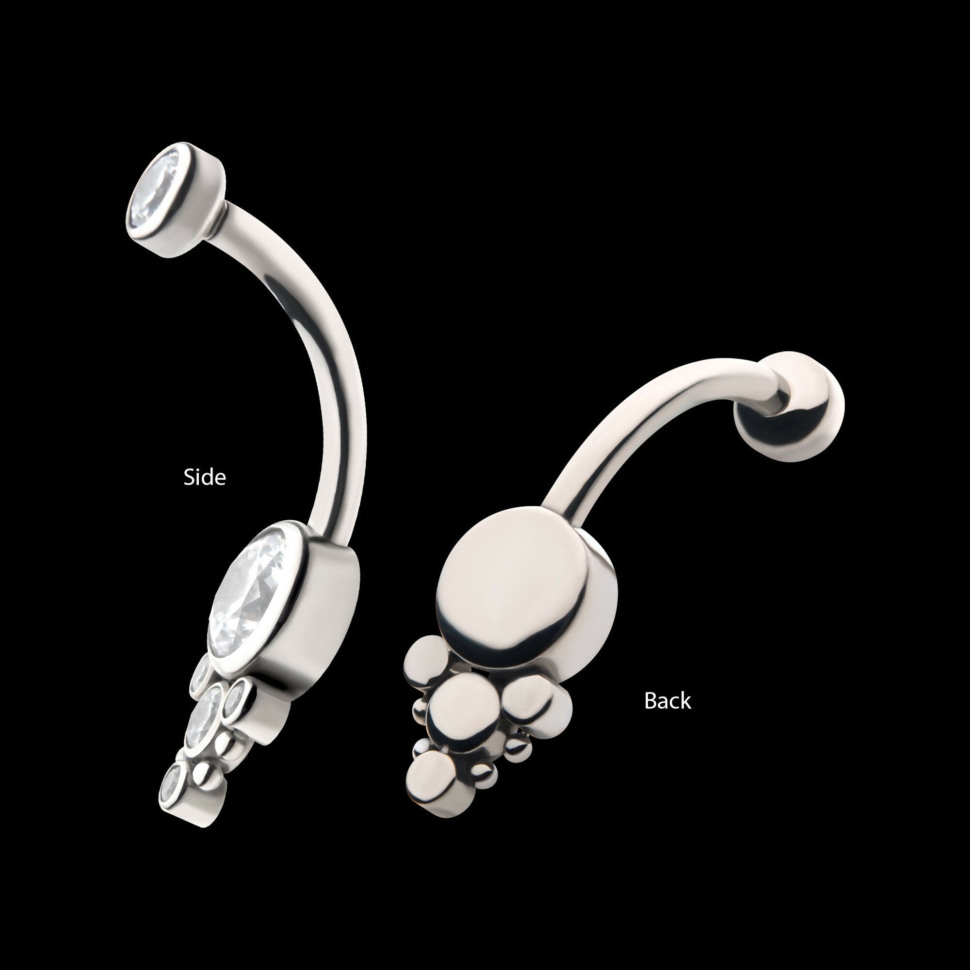 Internally Threaded with Beaded Bezel Set CZ Terraced Cluster Navel Curve Earring / Nosering – Titanium
