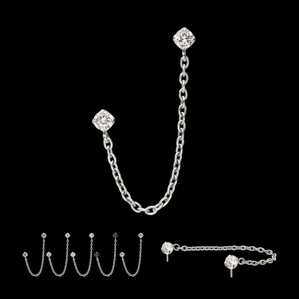 Titanium Threadless Double Prong Set Gem Top with Rolo Chain Dangle