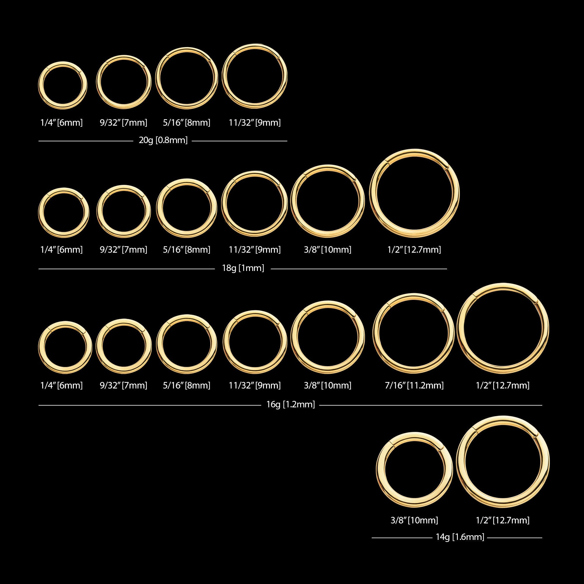 24KT Gold PVD Titanium Hinged Segment Clicker (20g to 14g) Hoop Earring / Nosering