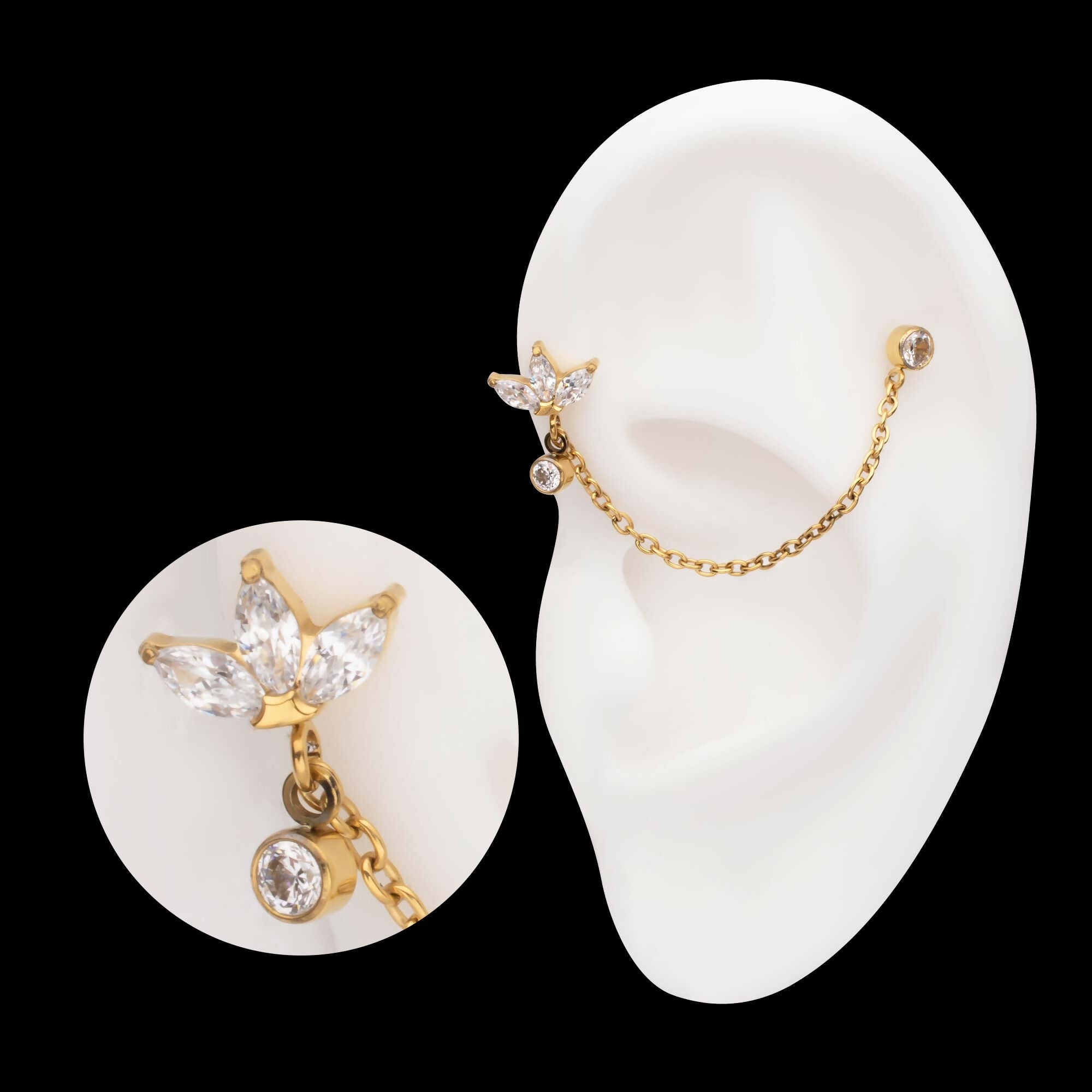 24Kt Gold PVD Titanium Threadless Marquise Trinity & Duo Bezel Round Gem Top with Dangle Rolo Chain