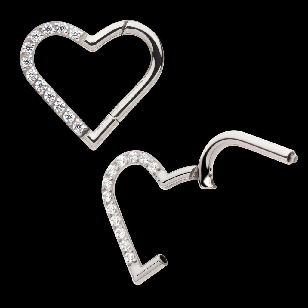 CNC Set Gem Heart Front Facing Hinged Segment Clicker (For Right Ear) Hoop Earring / Nosering – Titanium