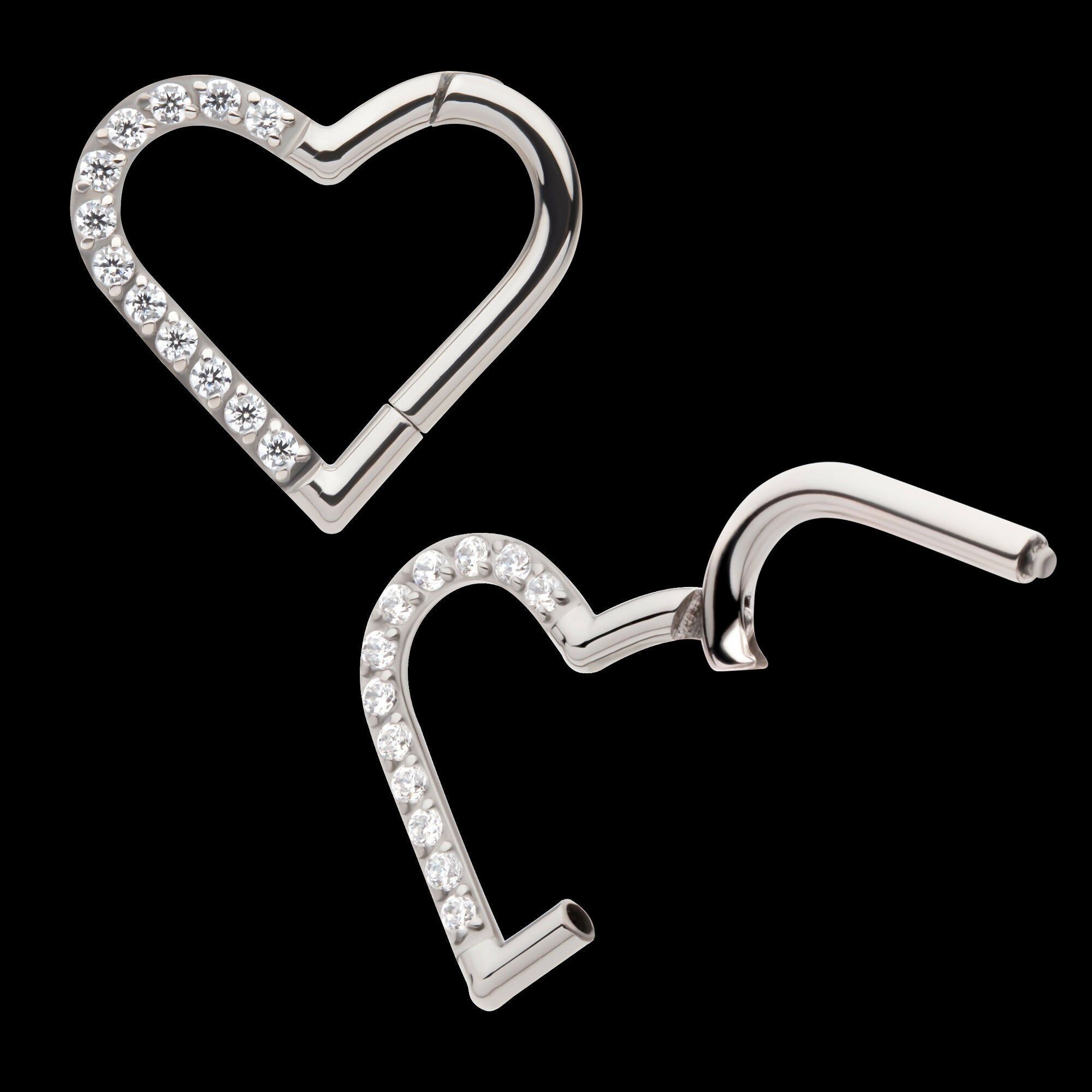 CNC Set Gem Heart Front Facing Hinged Segment Clicker (For Right Ear) Hoop Earring / Nosering – Titanium