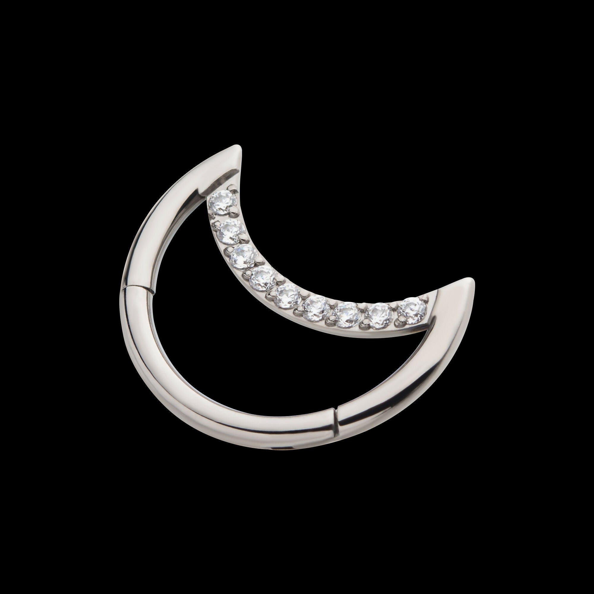 Crescent Moon with CZ Front Facing Hinged Segment Clicker Hoop Earring / Nosering – Titanium