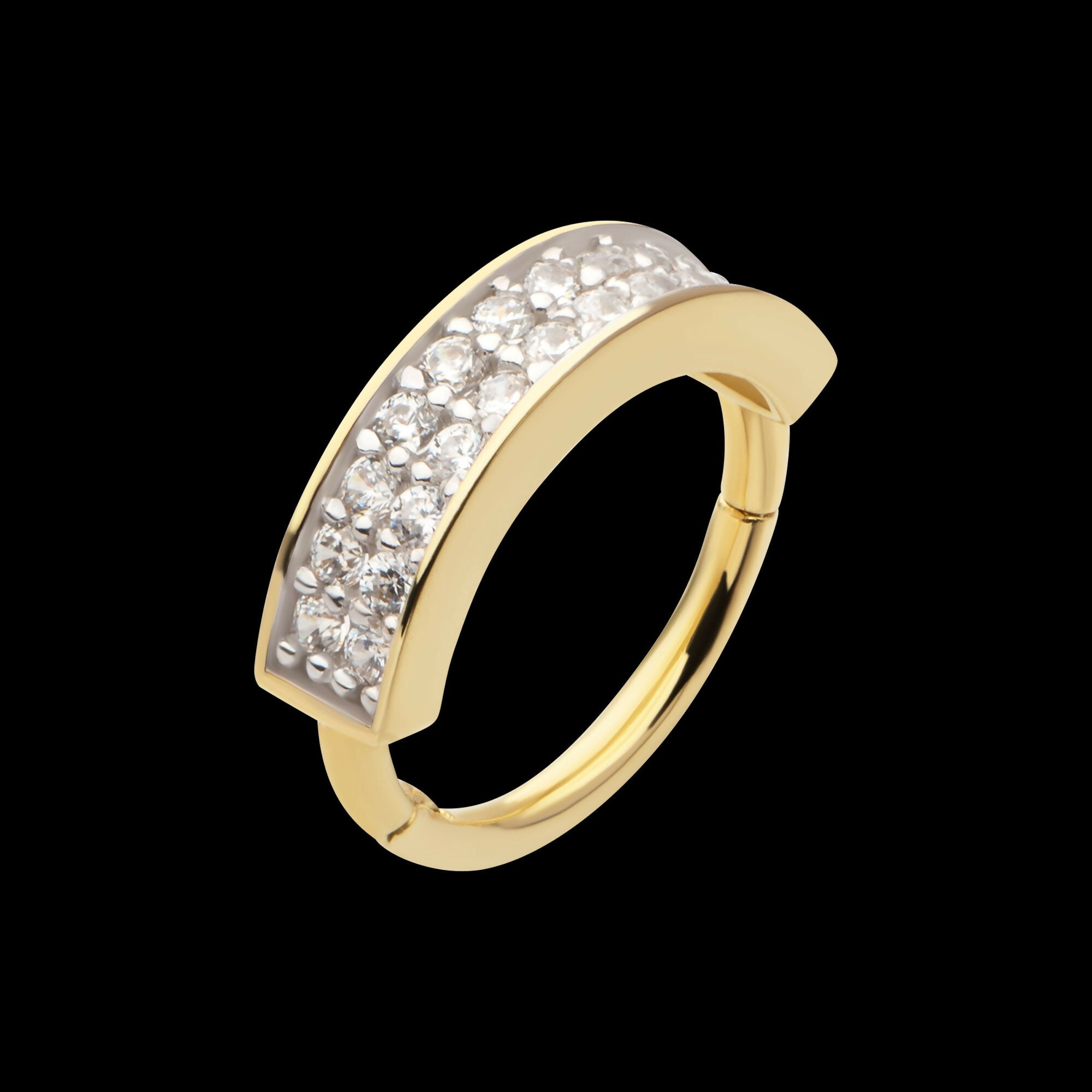 Double Row Clustered Prong Set Clear CZ Side Facing Hinged Segment Clicker Hoop Earring / Nosering – 14Kt Yellow Gold
