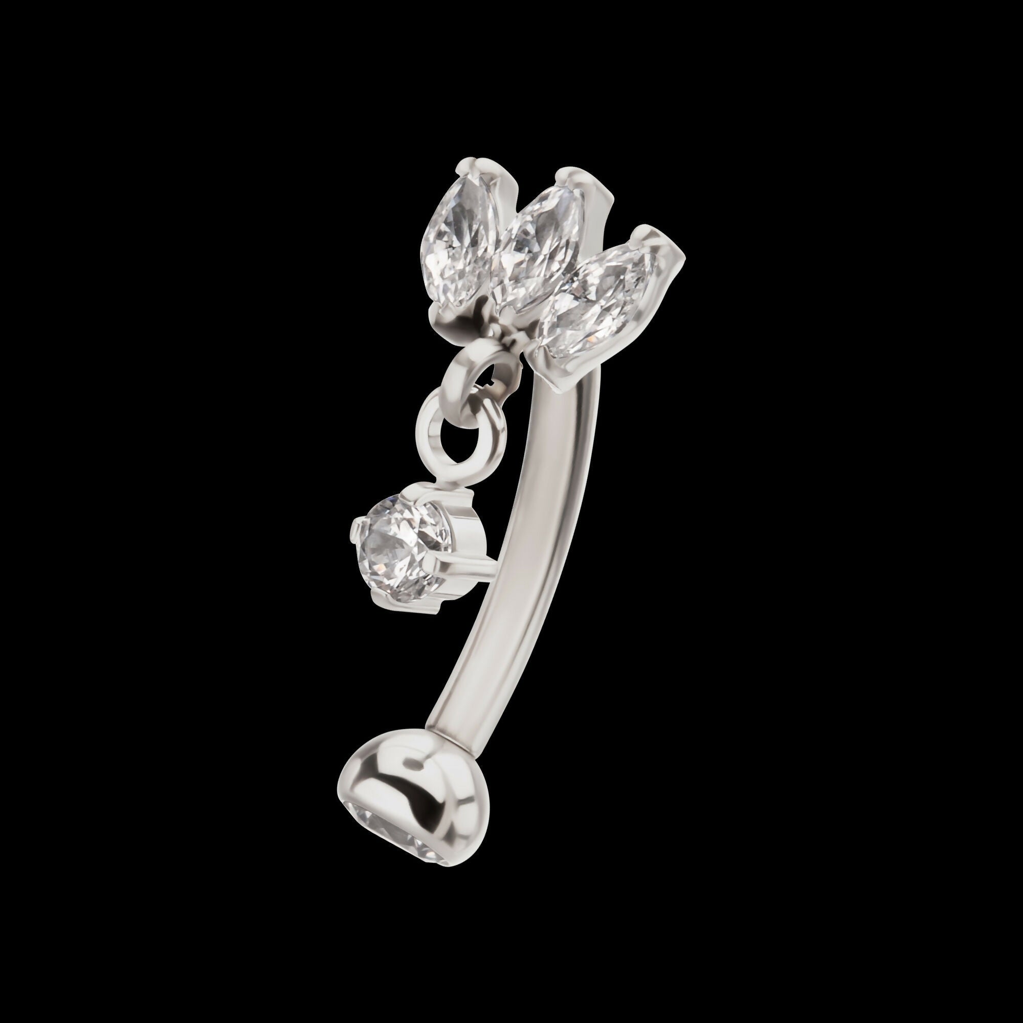 Internally Threaded V-Prong Triple Marquise Gem Fixed Top Curved Barbell with Floating Prong Gem Dangle Earring / Nosering – Titanium
