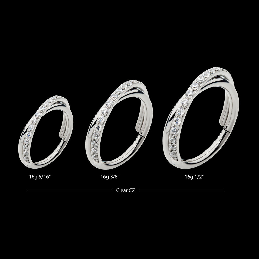 Crisscross with CZ Side Facing Hinged Segment Clicker Hoop Earring / Nosering – Titanium