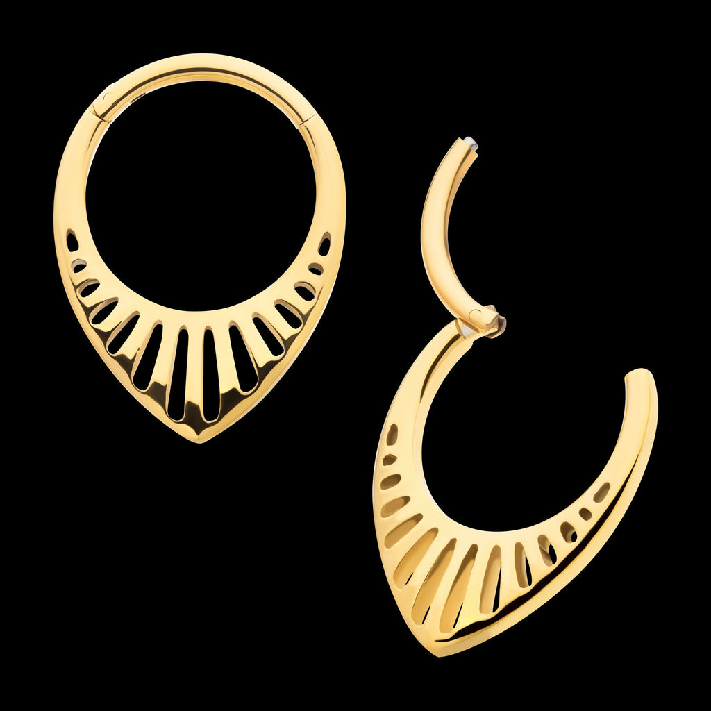 24Kt Gold PVD Titanium Linear Outline Teardrop Shape Front Facing Hinged Segment Clicker Hoop Earring / Nosering