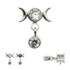 Dangle Bezel Round CZ Triple Moon Phase Gem Flatback Stud Earring / Nosering - CZ in Titanium