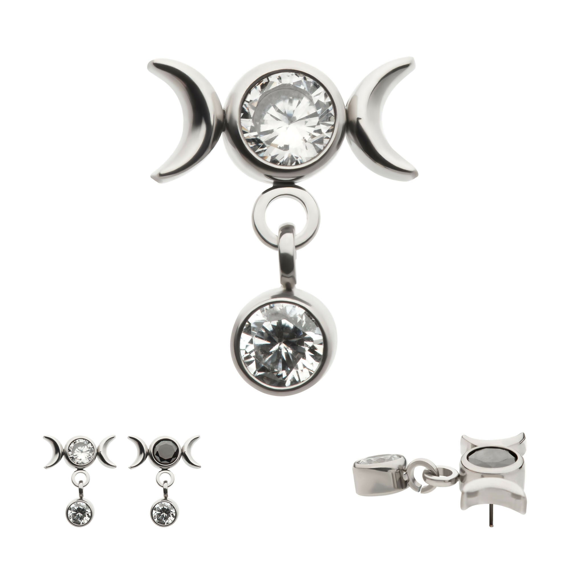 Dangle Bezel Round CZ Triple Moon Phase Gem Flatback Stud Earring / Nosering - CZ in Titanium