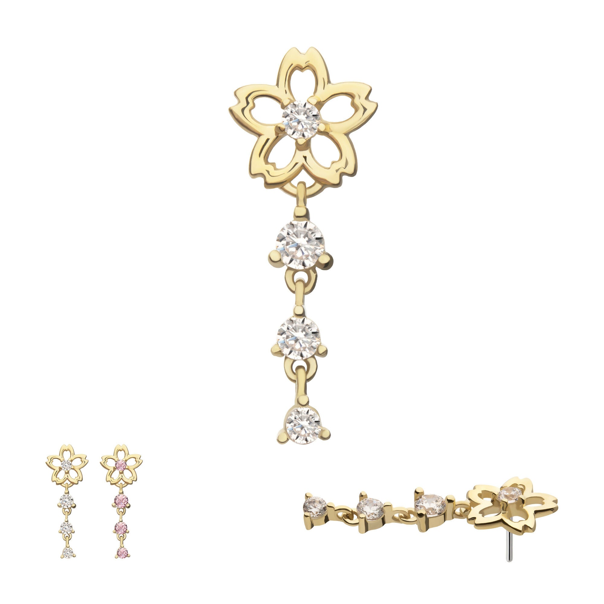 Cut Out Cherry Blossom Flower with Triple Prong Set Gem Dangle Flatback Stud Earring / Nosering - Gem in 14Kt Yellow Gold