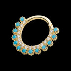 Double Row Prong Set Clear CZ & Synthetic Turquoise Front Facing Hinged Segment Clicker Hoop Earring / Nosering – 14Kt Yellow Gold