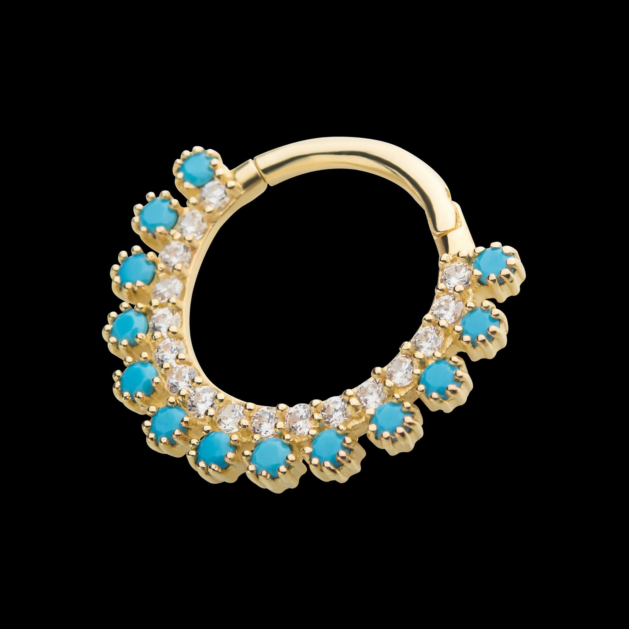 Double Row Prong Set Clear CZ & Synthetic Turquoise Front Facing Hinged Segment Clicker Hoop Earring / Nosering – 14Kt Yellow Gold