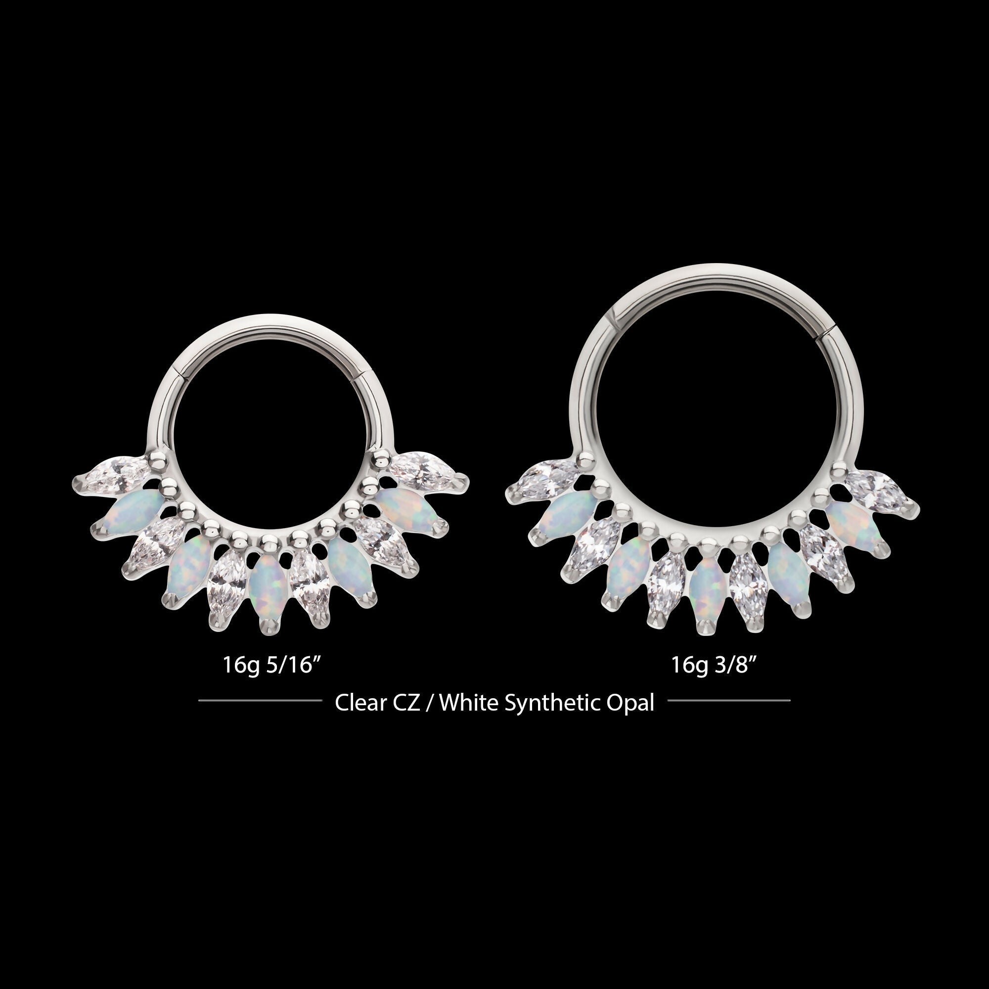 Prong Set Marquise Gem & Opal Cluster Fan Front Facing Hinged Segment Clicker Hoop Earring / Nosering – Titanium