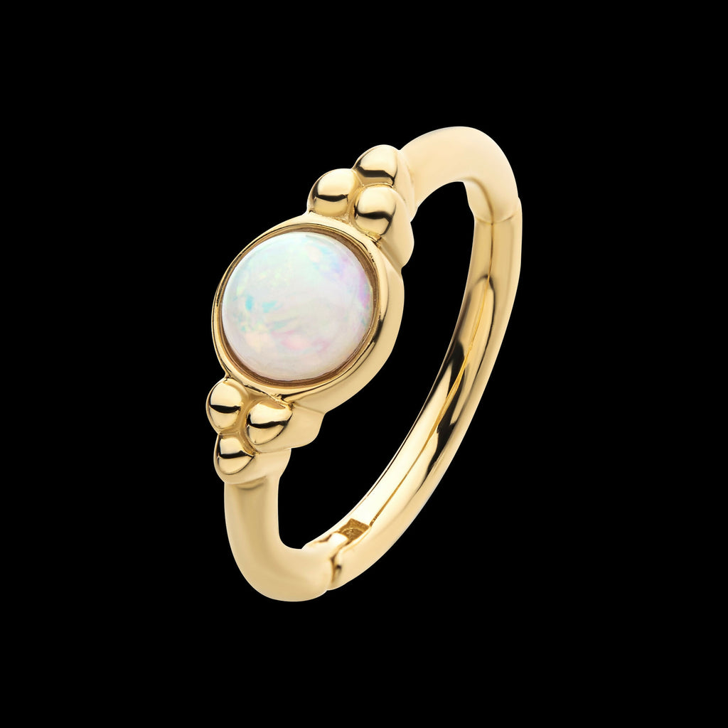 Beads & Centerpiece Bezel Set White Opal Side Facing Hinged Segment Clicker Hoop Earring / Nosering – 14Kt Gold