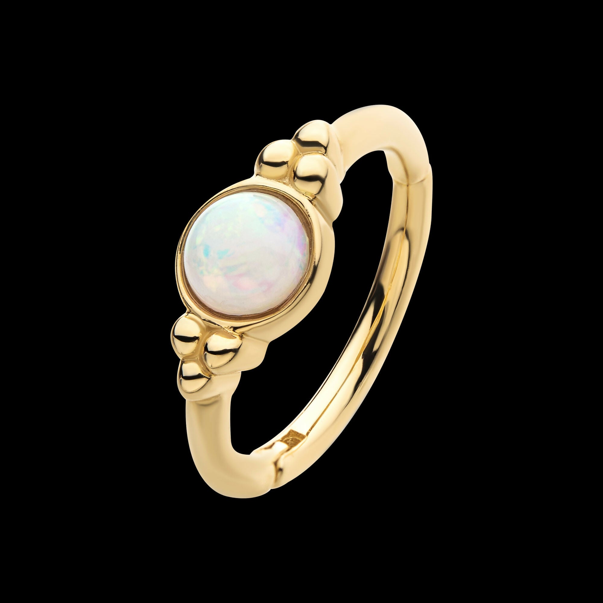 Beads & Centerpiece Bezel Set White Opal Side Facing Hinged Segment Clicker Hoop Earring / Nosering – 14Kt Gold