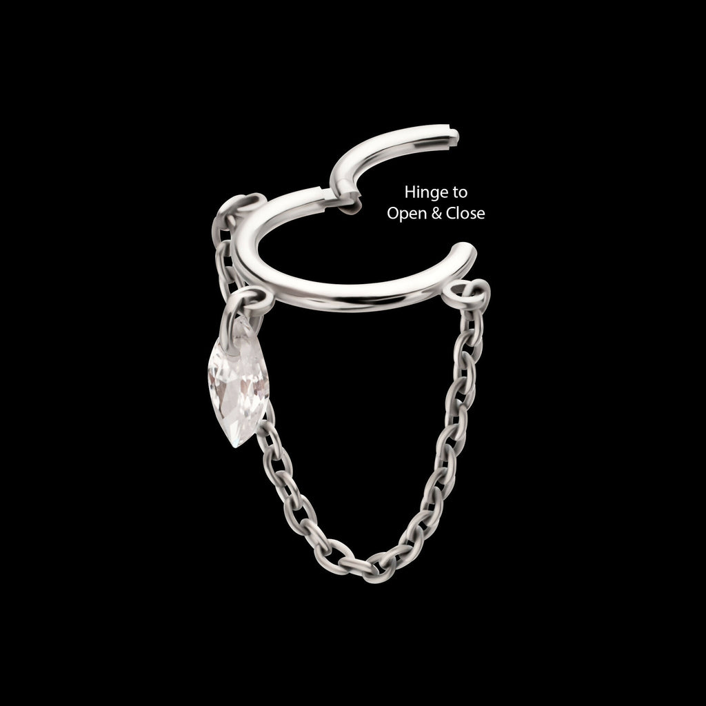 Chain Dangle Hinged Segment Clicker with Floating Marquise CZ Gem Hoop Earring / Nosering – Titanium