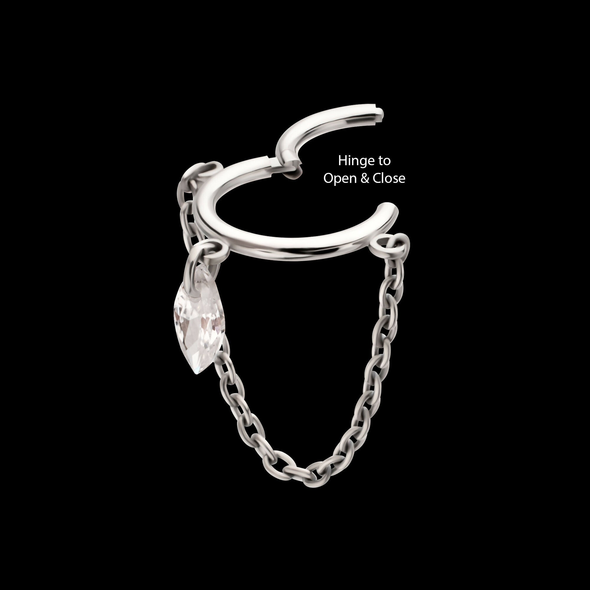 Chain Dangle Hinged Segment Clicker with Floating Marquise CZ Gem Hoop Earring / Nosering – Titanium