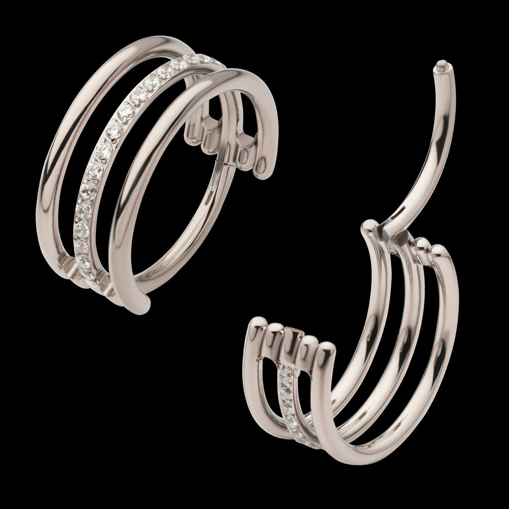 CNC Set Clear CZ in the Center Hoop Triple Row Side Facing Hinged Segment Clicker Earring / Nosering – Titanium