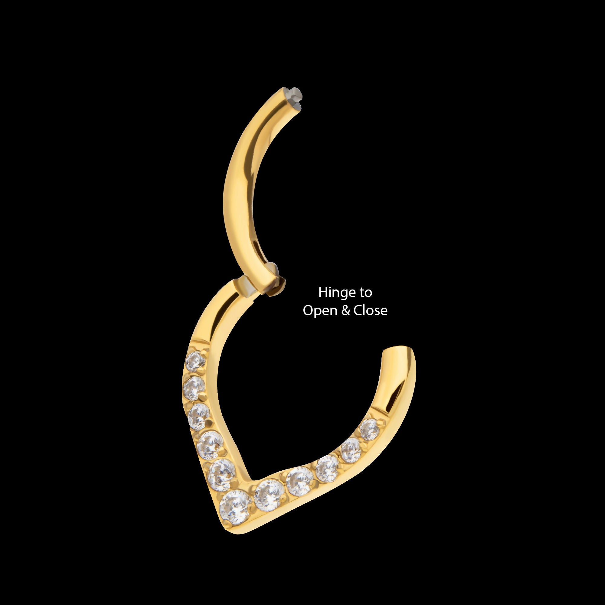 24Kt Gold PVD Titanium CNC Set Gem Front Facing Teardrop Shape Hinged Segment Clicker Hoop Earring / Nosering