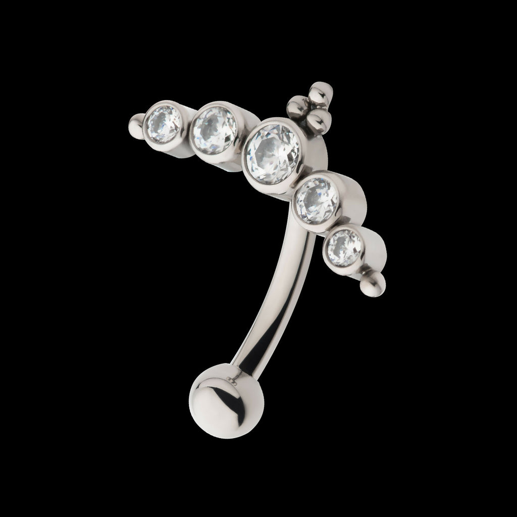 Internally Threaded with Tri Bead & 5-Cluster Bezel Set Clear AAA CZ Fixed Top Curved Barbell Earring / Nosering – Titanium