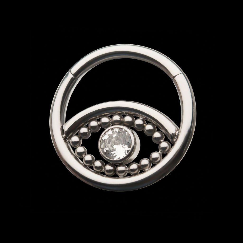 18-Beaded Bezel Set Clear CZ Evil Eye Front Facing Hinged Segment Clicker Hoop Earring / Nosering – Titanium