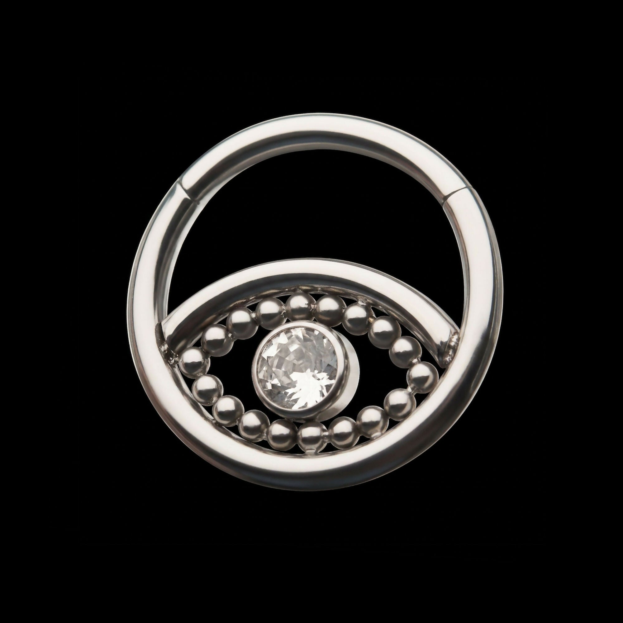 18-Beaded Bezel Set Clear CZ Evil Eye Front Facing Hinged Segment Clicker Hoop Earring / Nosering – Titanium