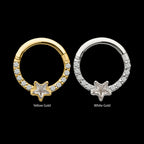 1mm CNC Set Gem Cluster with 3mm Star Gem Front Facing Hinged Segment Clicker Hoop Earring / Nosering – 14Kt Gold