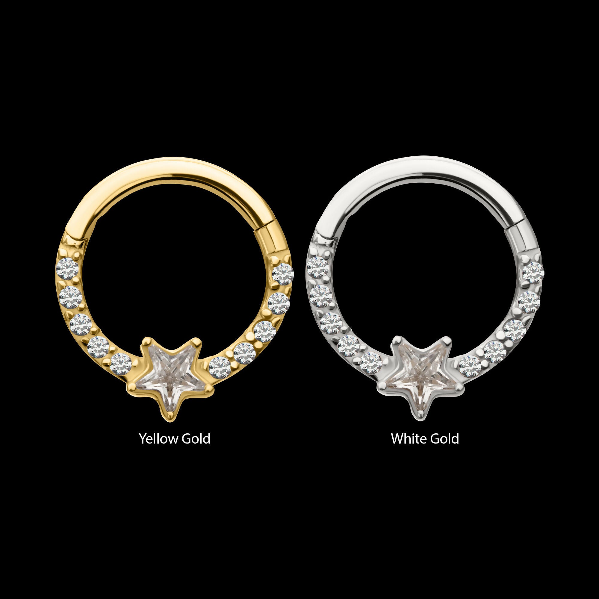 1mm CNC Set Gem Cluster with 3mm Star Gem Front Facing Hinged Segment Clicker Hoop Earring / Nosering – 14Kt Gold