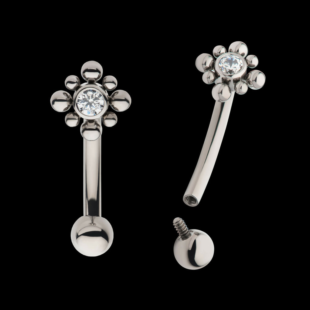 Internally Threaded with Beads Around Bezel Set Clear AAA CZ Flower Fixed Top Curved Barbell Earring / Nosering – Titanium