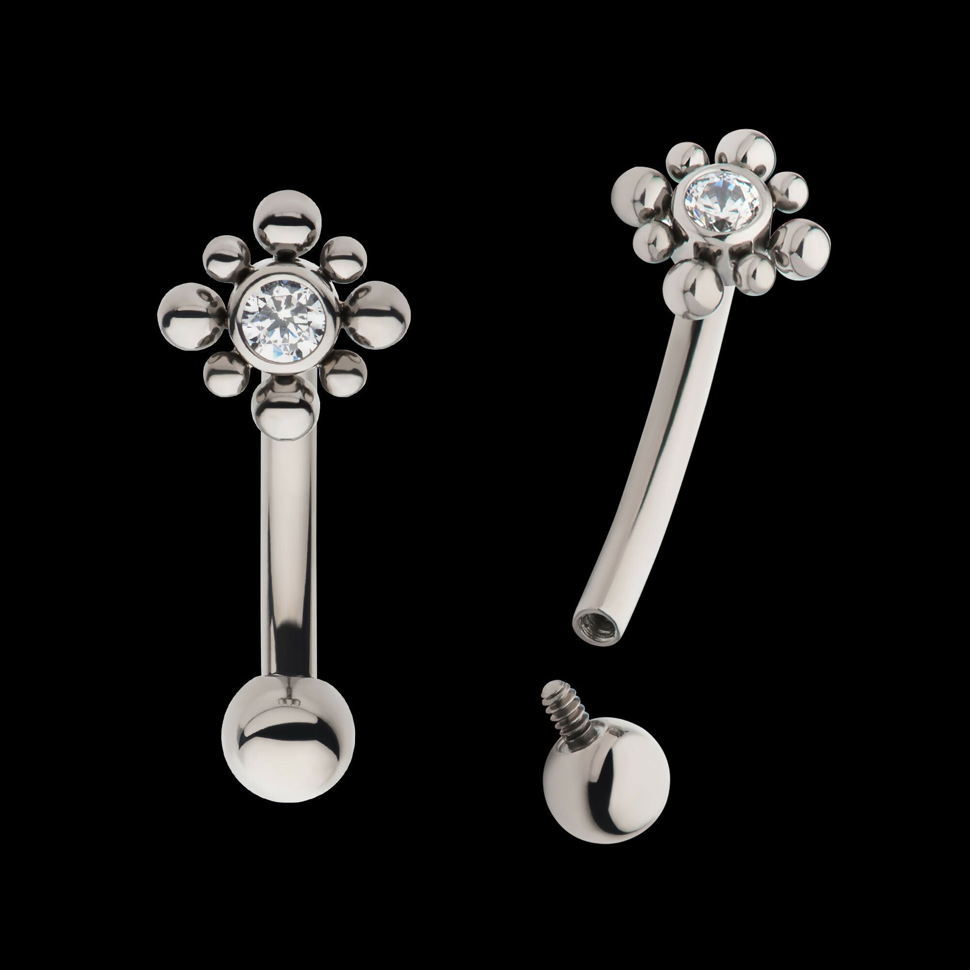 Internally Threaded with Beads Around Bezel Set Clear AAA CZ Flower Fixed Top Curved Barbell Earring / Nosering – Titanium