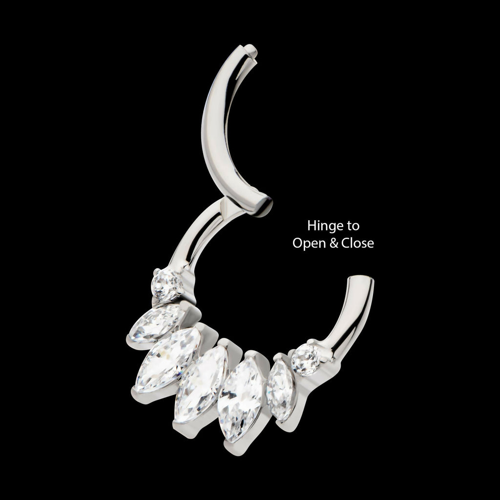 Clustered Prong Set Round & Marquise CZ Front Facing Hinged Segment Clicker Hoop Earring / Nosering – Titanium