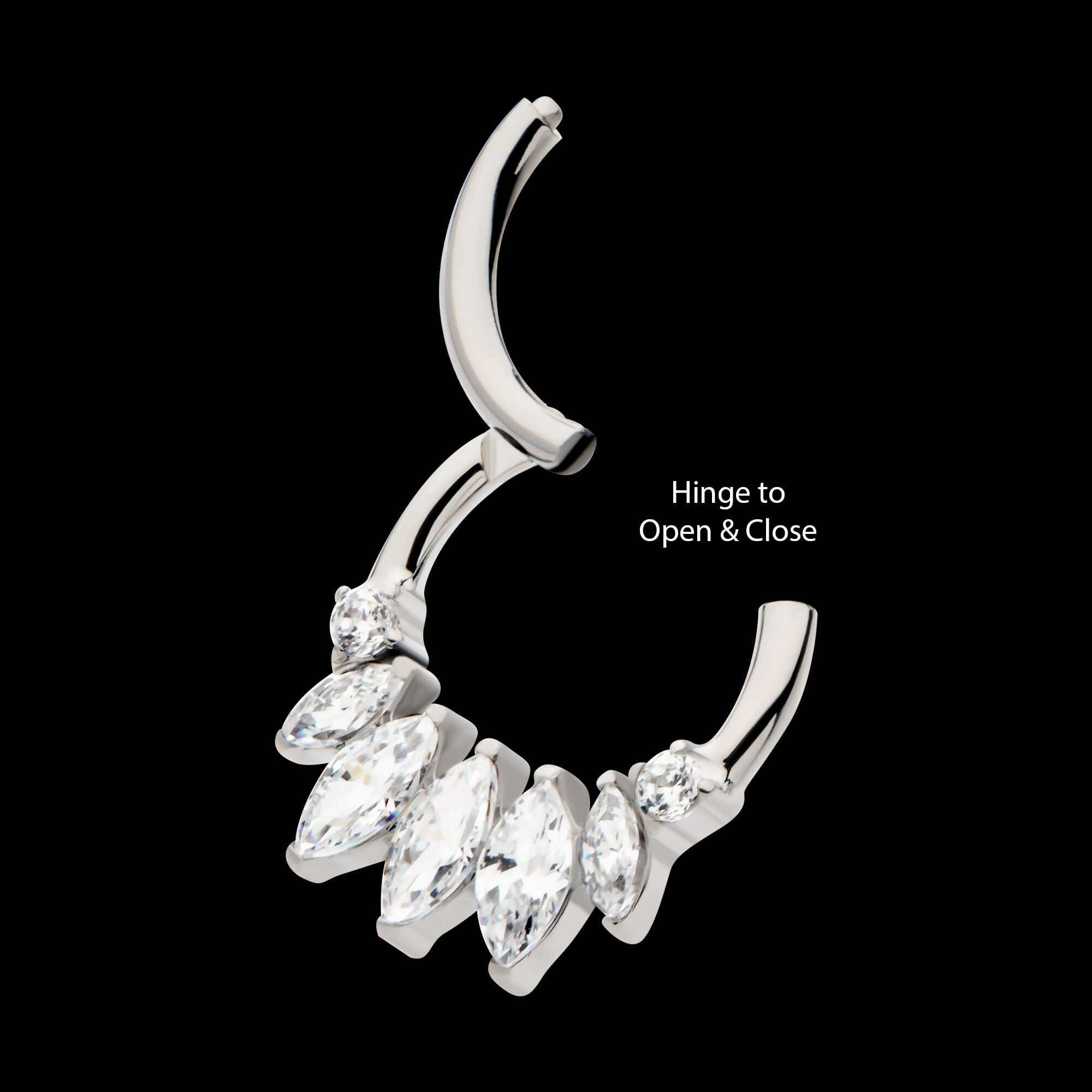 Clustered Prong Set Round & Marquise CZ Front Facing Hinged Segment Clicker Hoop Earring / Nosering – Titanium
