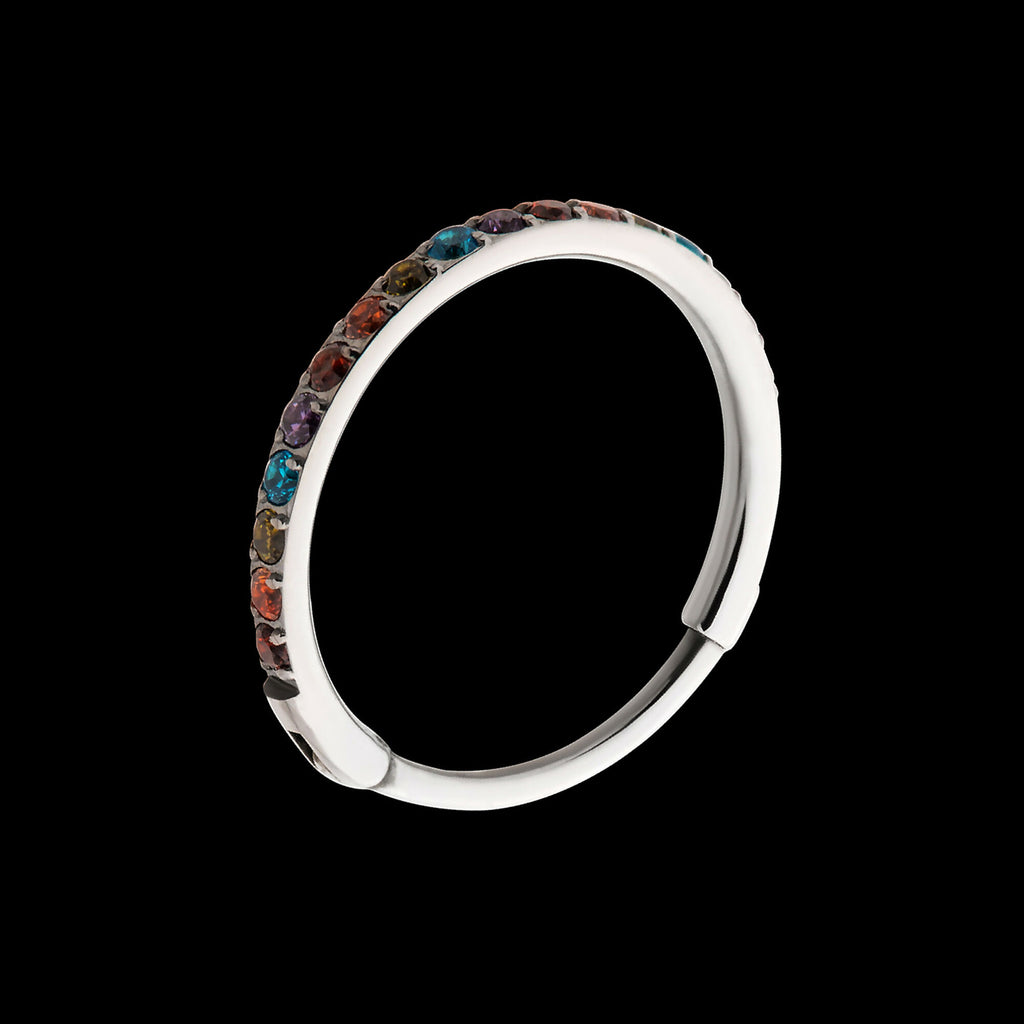 1mm CNC Set Rainbow Eternity CZ Titanium Side Facing Hinged Segment Clicker Hoop Earring / Nosering
