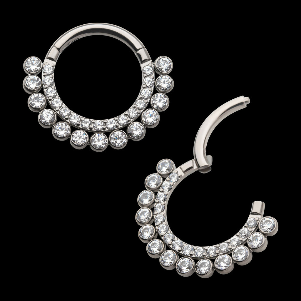 Double Row Clustered CZ Front Facing Hinged Segment Clicker Hoop Earring / Nosering – Titanium