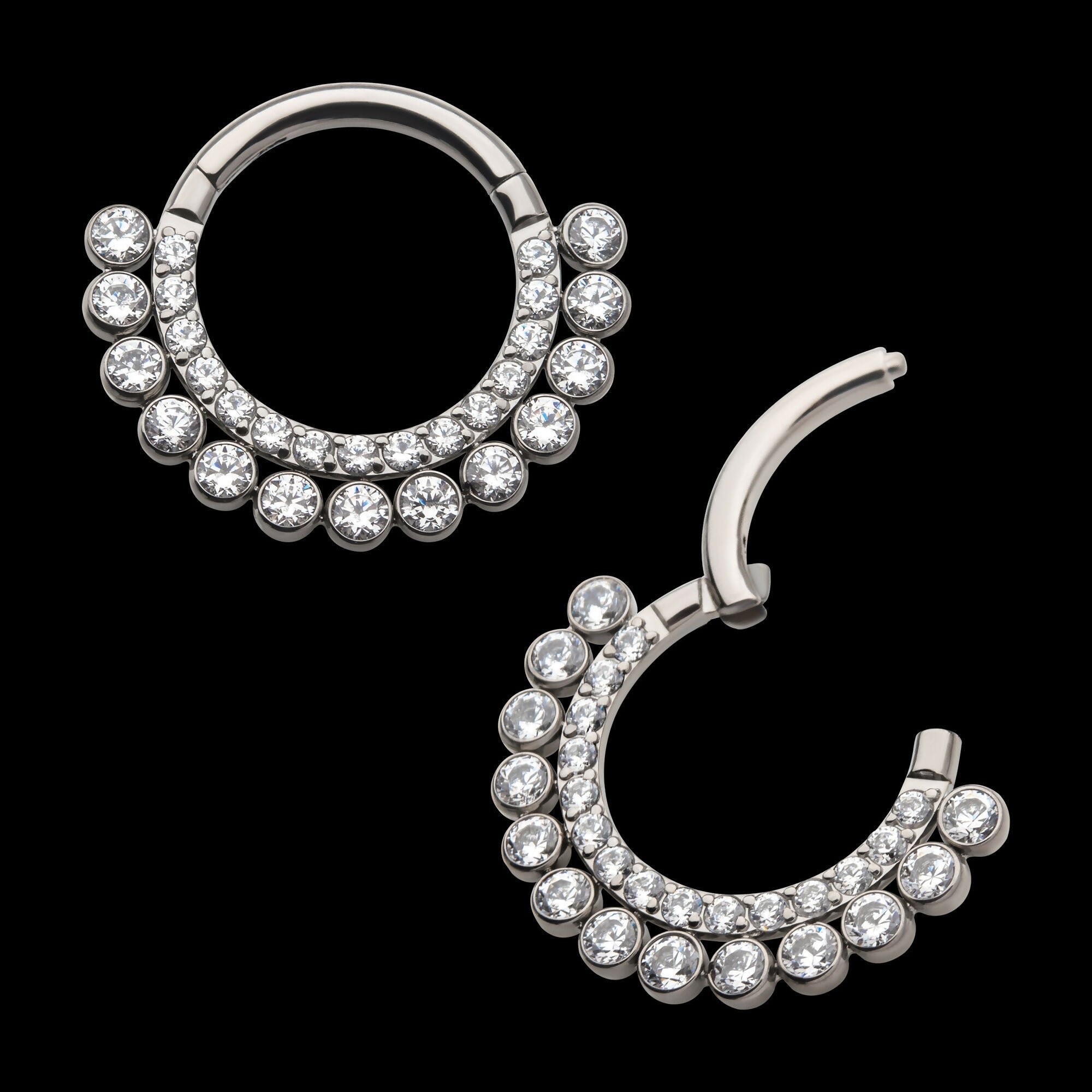 Double Row Clustered CZ Front Facing Hinged Segment Clicker Hoop Earring / Nosering – Titanium