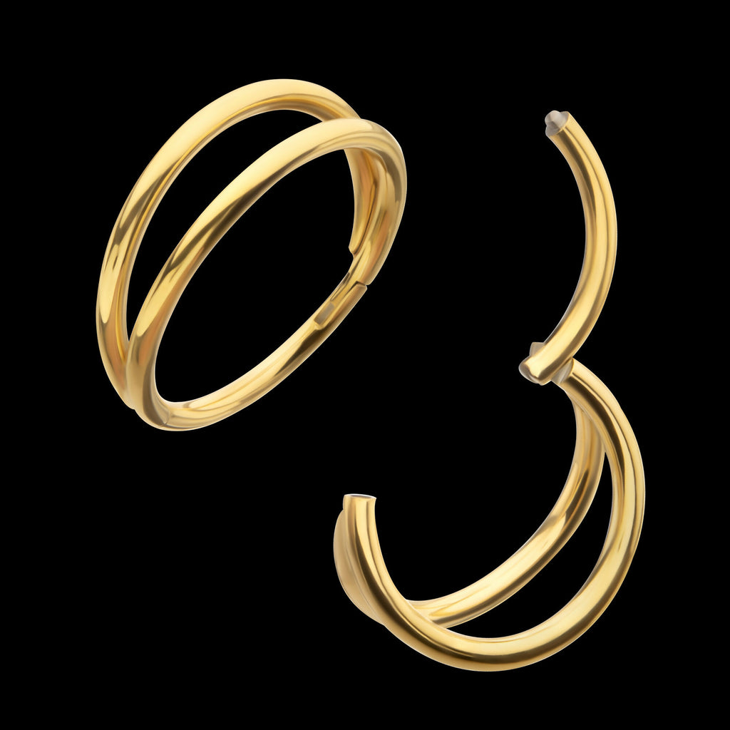 24Kt Gold PVD Titanium Double Hoop Side Facing Hinged Segment Clicker Earring / Nosering